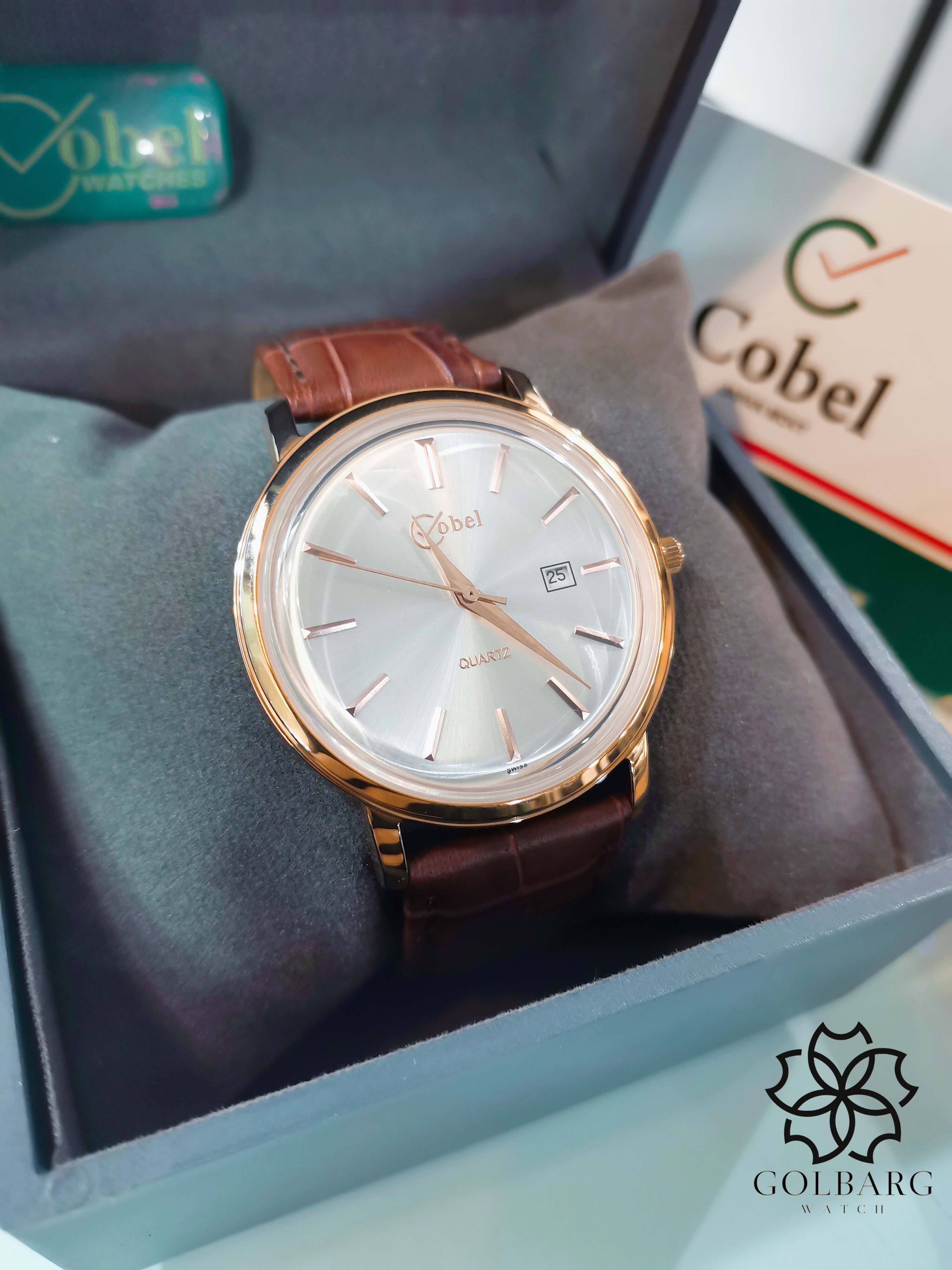 ساعت مچی کوبل (Cobel) صفحه سفید بند چرمی قهوه‌ای | کیفیت مستر