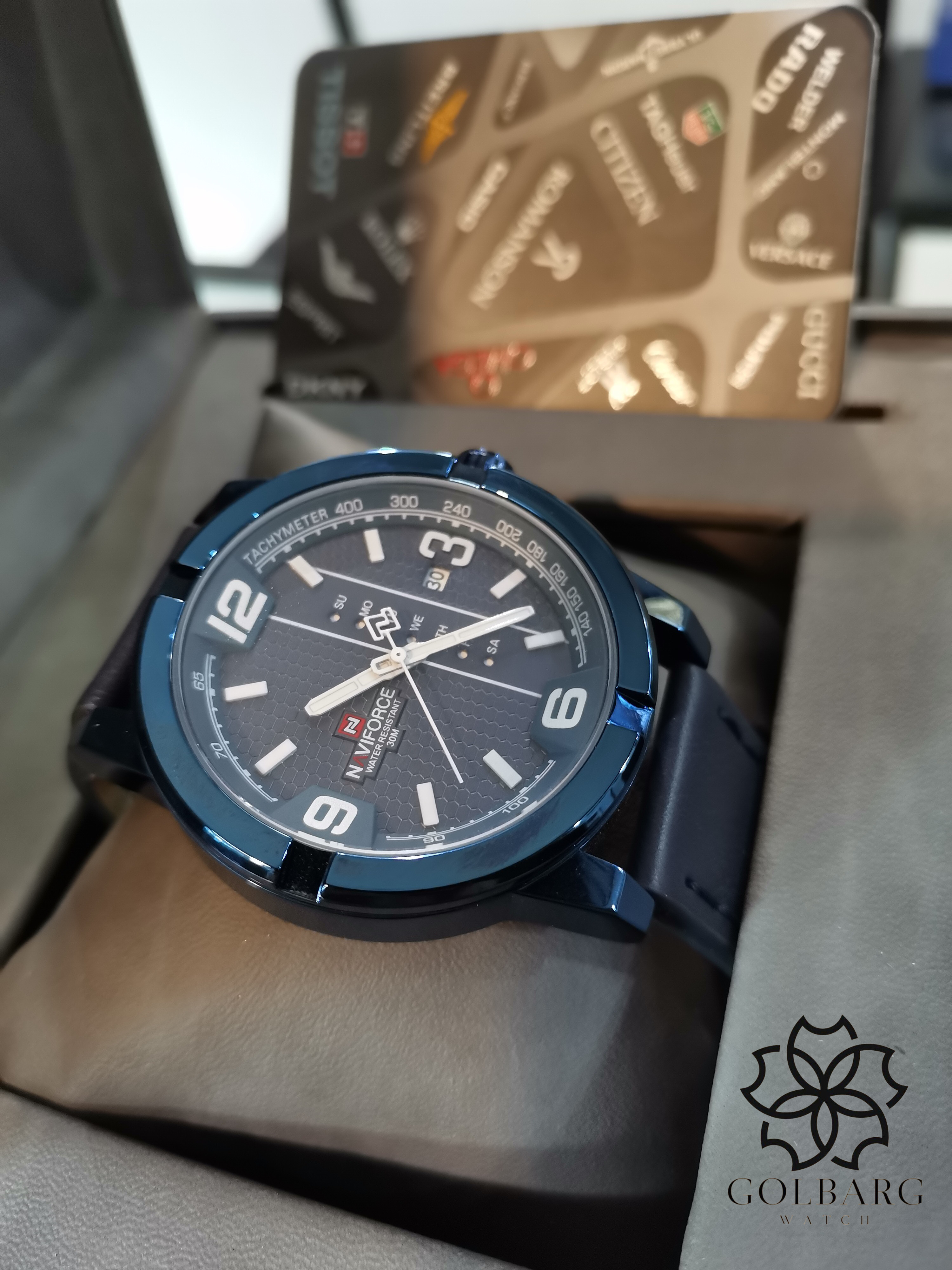 ساعت مچی مردانه ناوی‌فورس NAVIFORCE صفحه سرمه‌ای بند چرمی سرمه‌ای