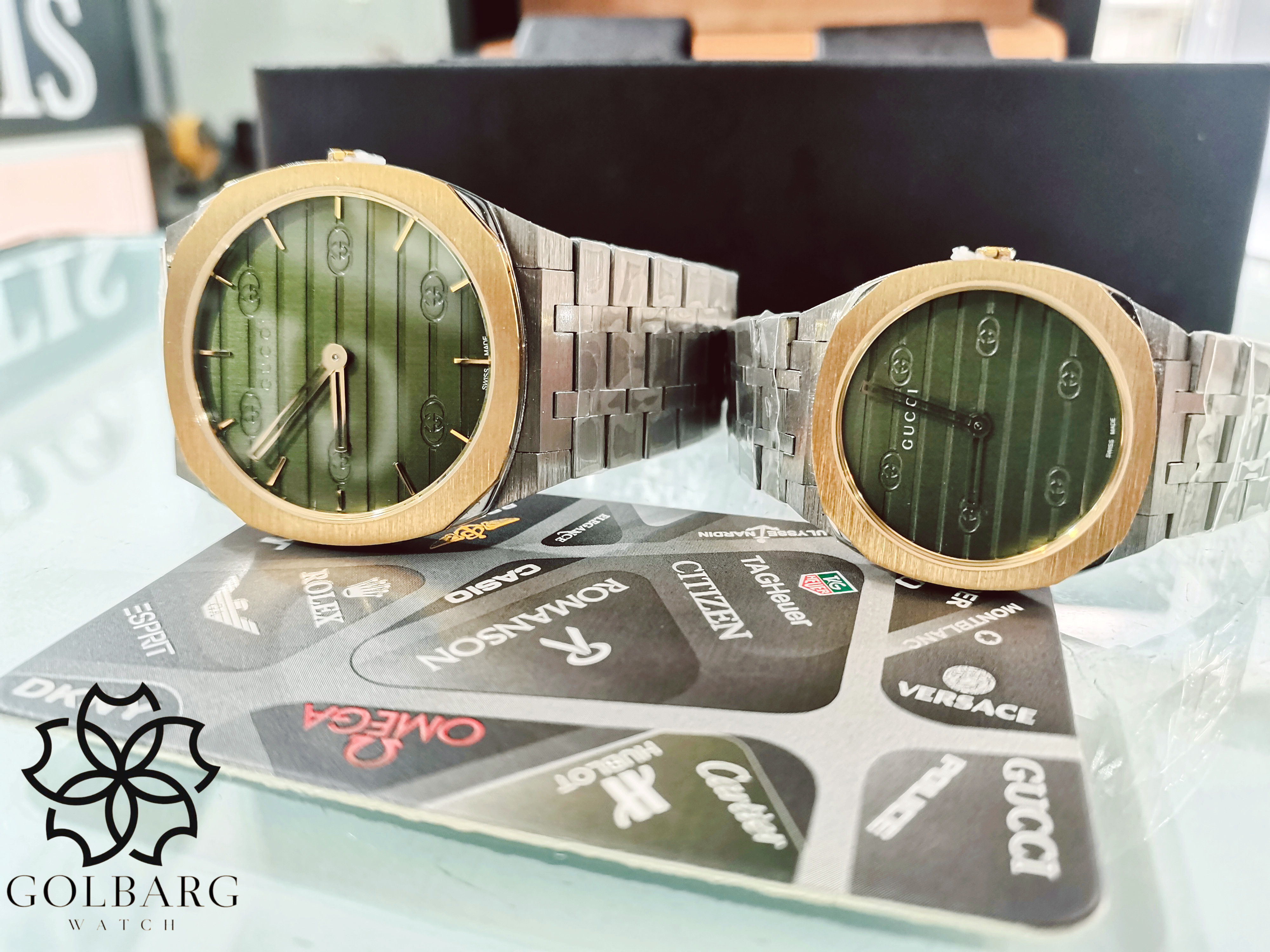 ست ساعت گوچی Gucci صفحه سبز استیل دور قاب طلایی | کیفیت مستر