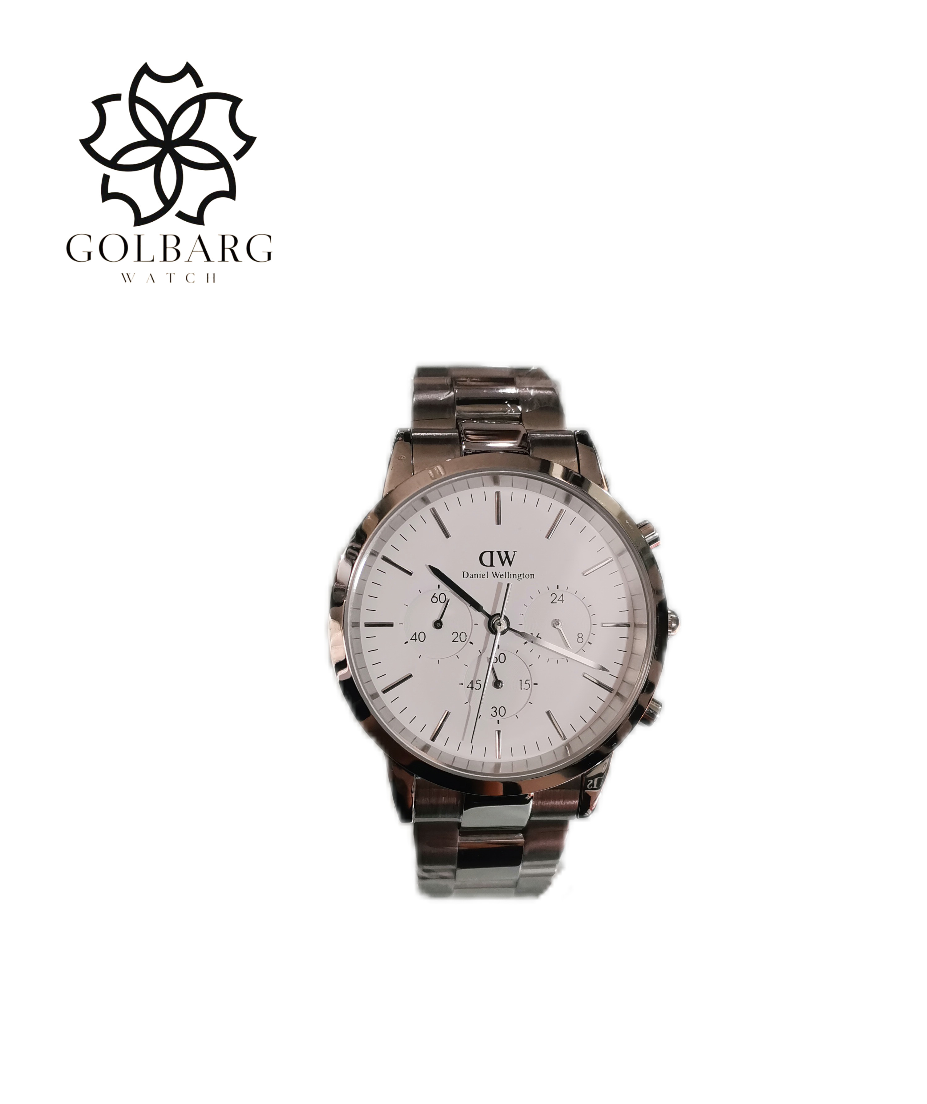 ساعت مردانه Daniel Wellington کرنوگراف صفحه سفید بند استیل | کیفیت مستر | موتور میوتا ژاپن
