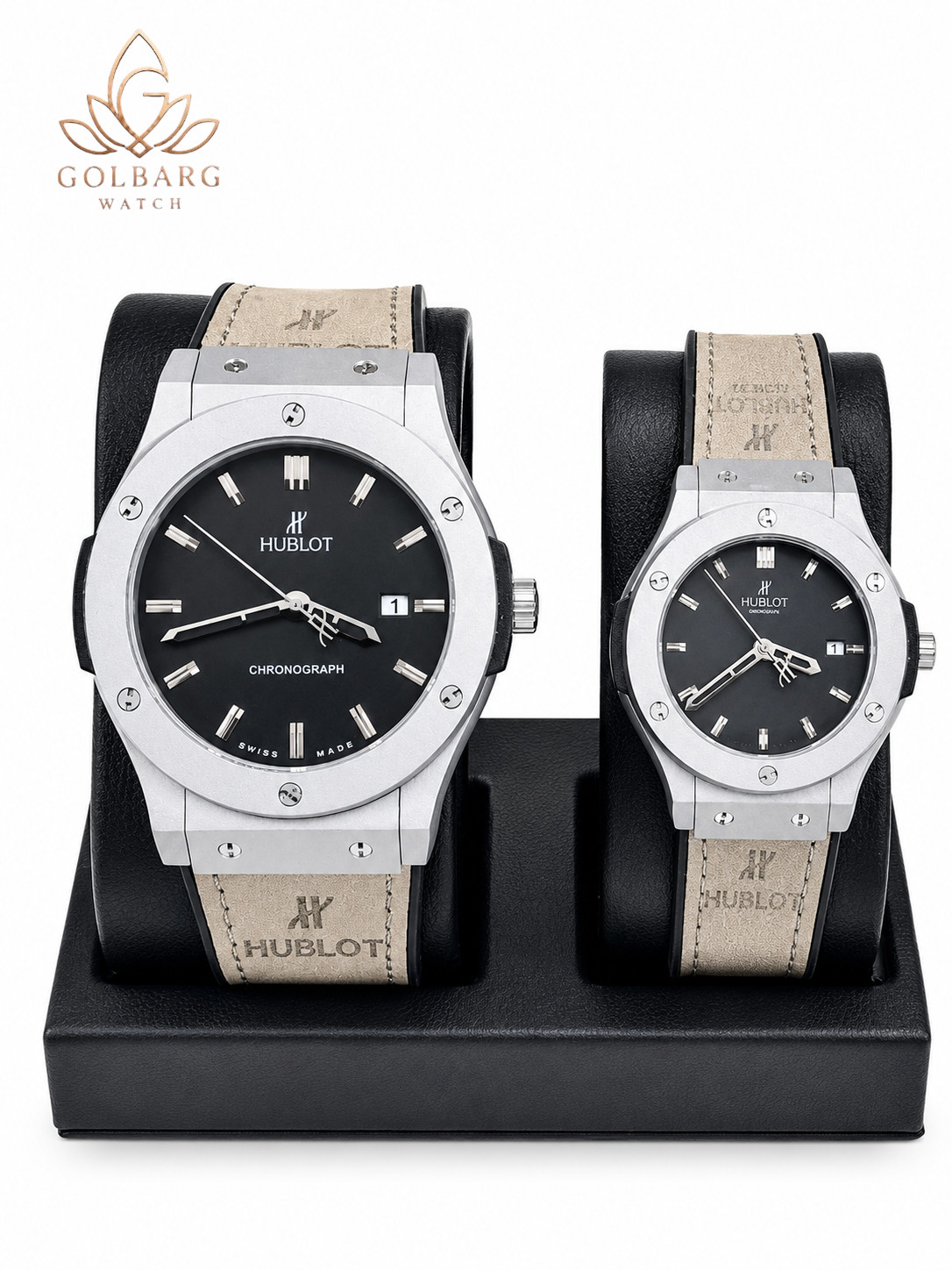 ست ساعت زنانه و مردانه هابلوت Hublot بند چرمی طوسی | صفحه مشکی | کیفیت مستر