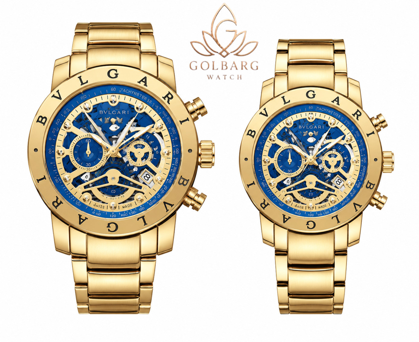 ست ساعت مچی زنانه و مردانه بولگاری BVLGARI طلایی صفحه آبی اسکلتون | کیفیت مستر