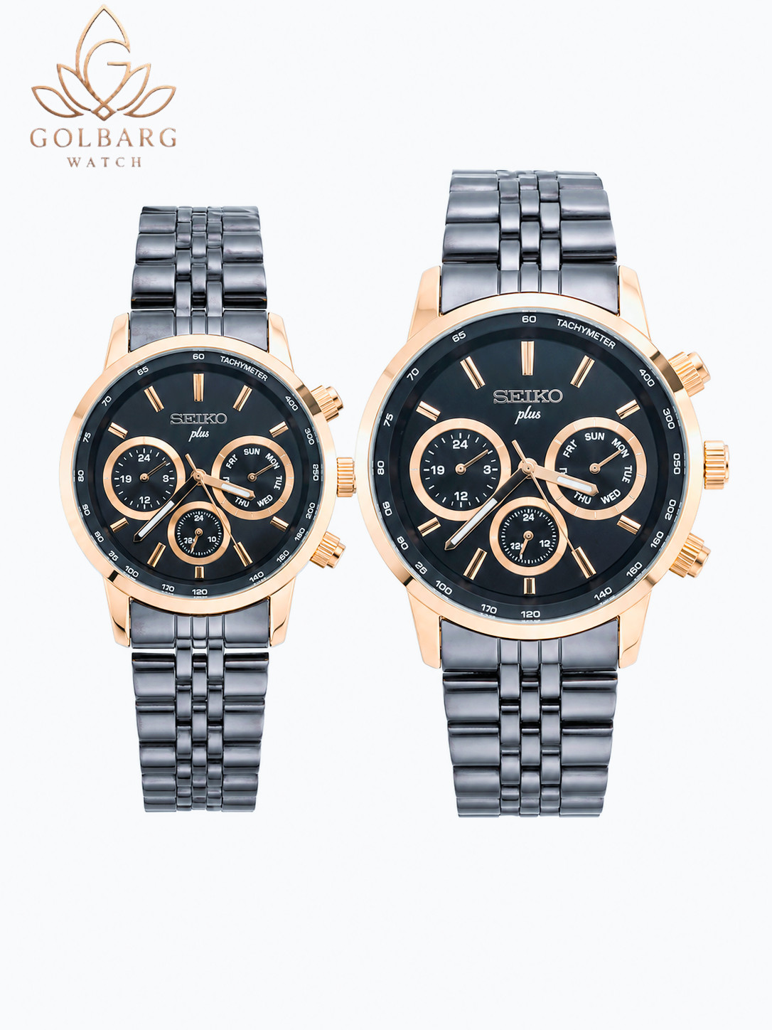 ساعت ست زنانه و مردانه Seiko Plus با صفحه قهوه‌ای و قاب طلایی