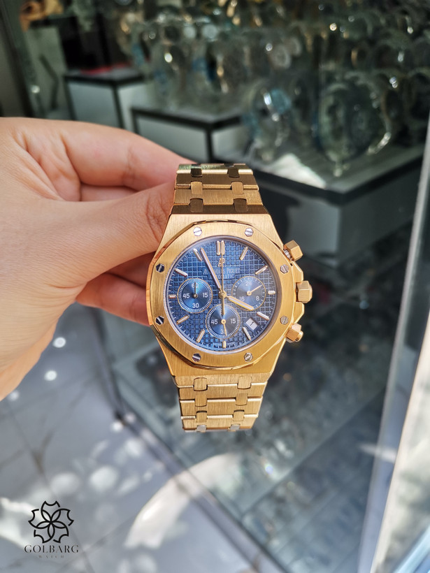 ساعت مردانه Royal Oak Leo Messi صفحه آبی طلایی موتور ژاپنی ضدآب
