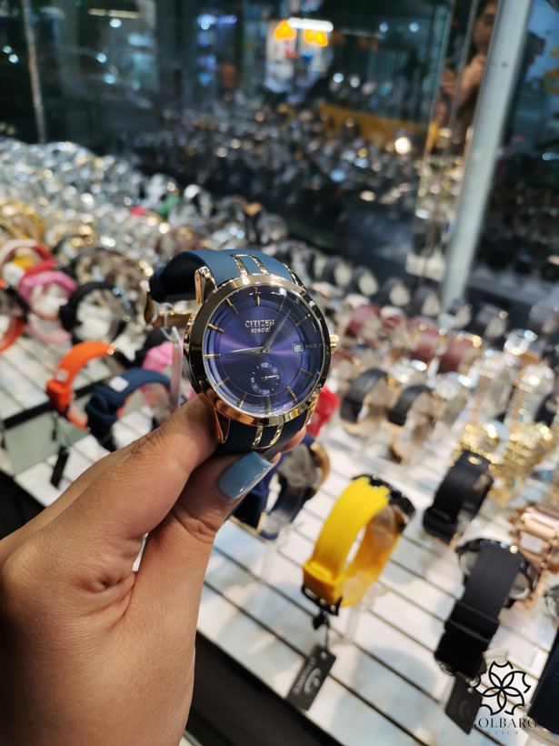 ساعت مچی مردانه سیتیزن Citizen Eco-Drive صفحه آبی بند آبی قاب طلایی