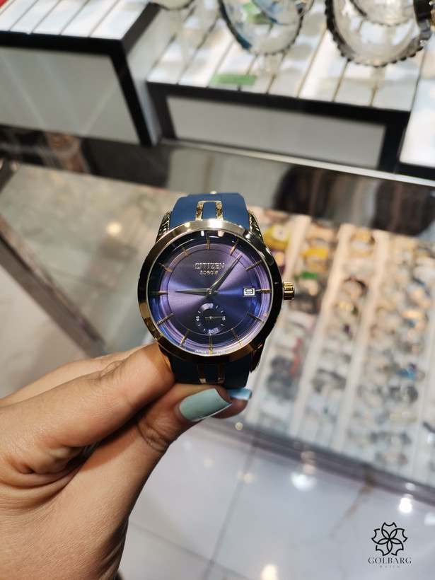 ساعت مچی مردانه سیتیزن Citizen Eco-Drive صفحه آبی بند آبی قاب طلایی