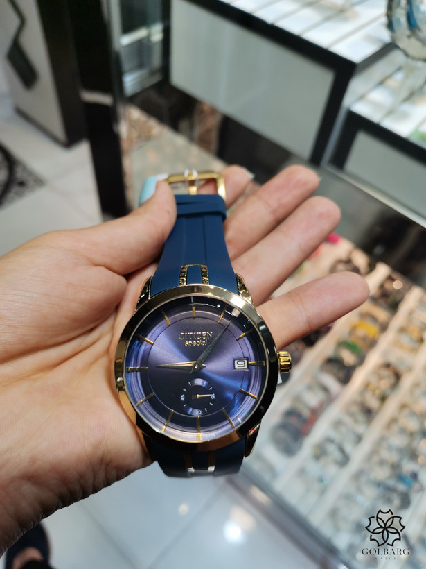 ساعت مچی مردانه سیتیزن Citizen Eco-Drive صفحه آبی بند آبی قاب طلایی