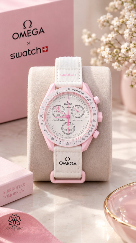 ساعت مچی زنانه طرح OMEGA Swatch Mission to Venus کرنوگراف صورتی