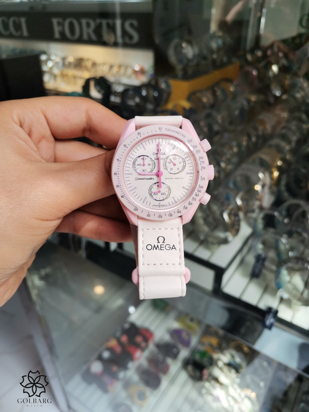 ساعت مچی زنانه طرح OMEGA Swatch Mission to Venus کرنوگراف صورتی