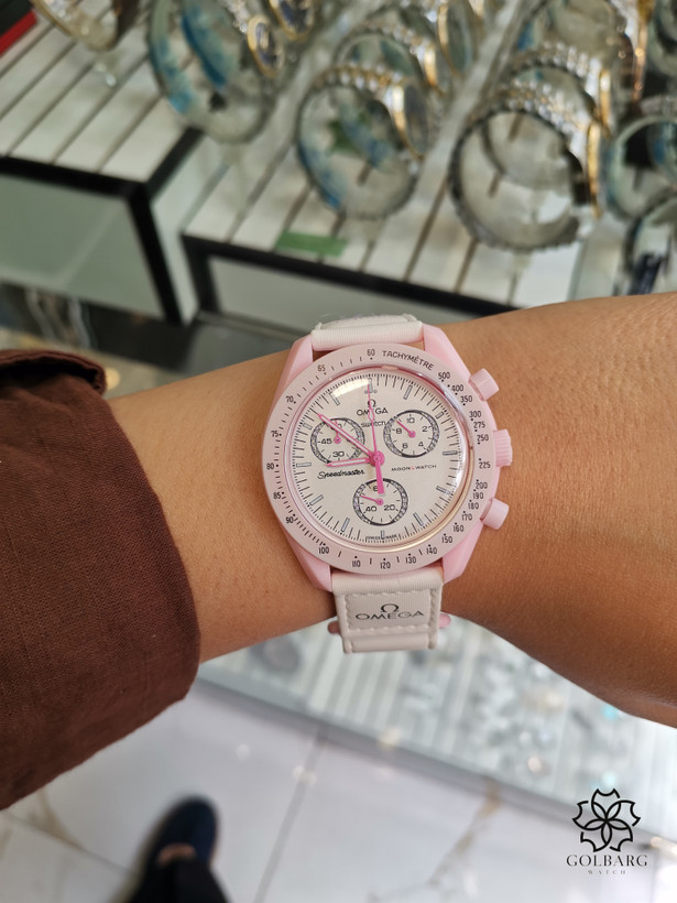 ساعت مچی زنانه طرح OMEGA Swatch Mission to Venus کرنوگراف صورتی