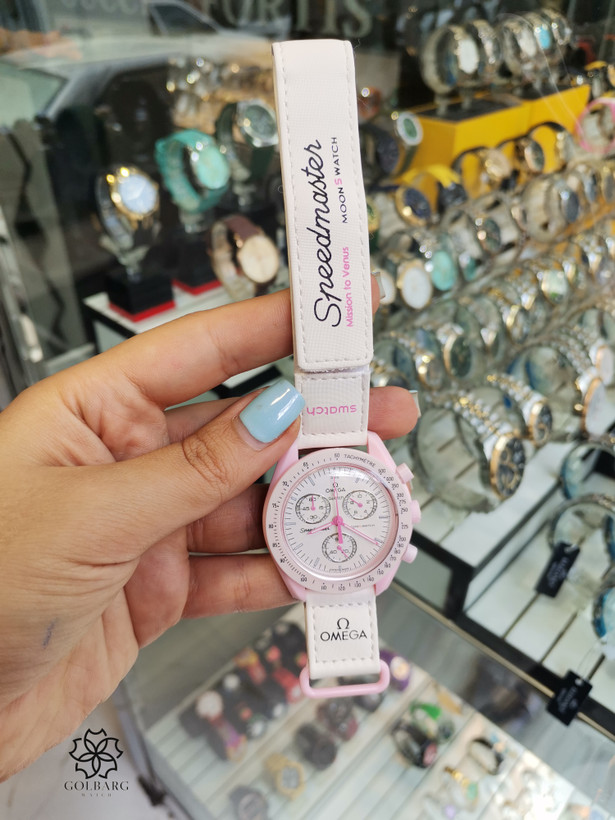 ساعت مچی زنانه طرح OMEGA Swatch Mission to Venus کرنوگراف صورتی